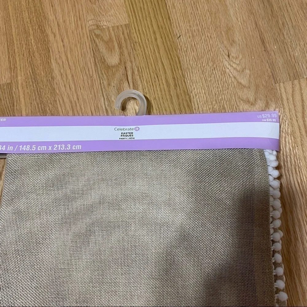 Burlap Table Cloth 58.5” x 84” Pom Pom Trim. NEW Tan White Home Decor Craft